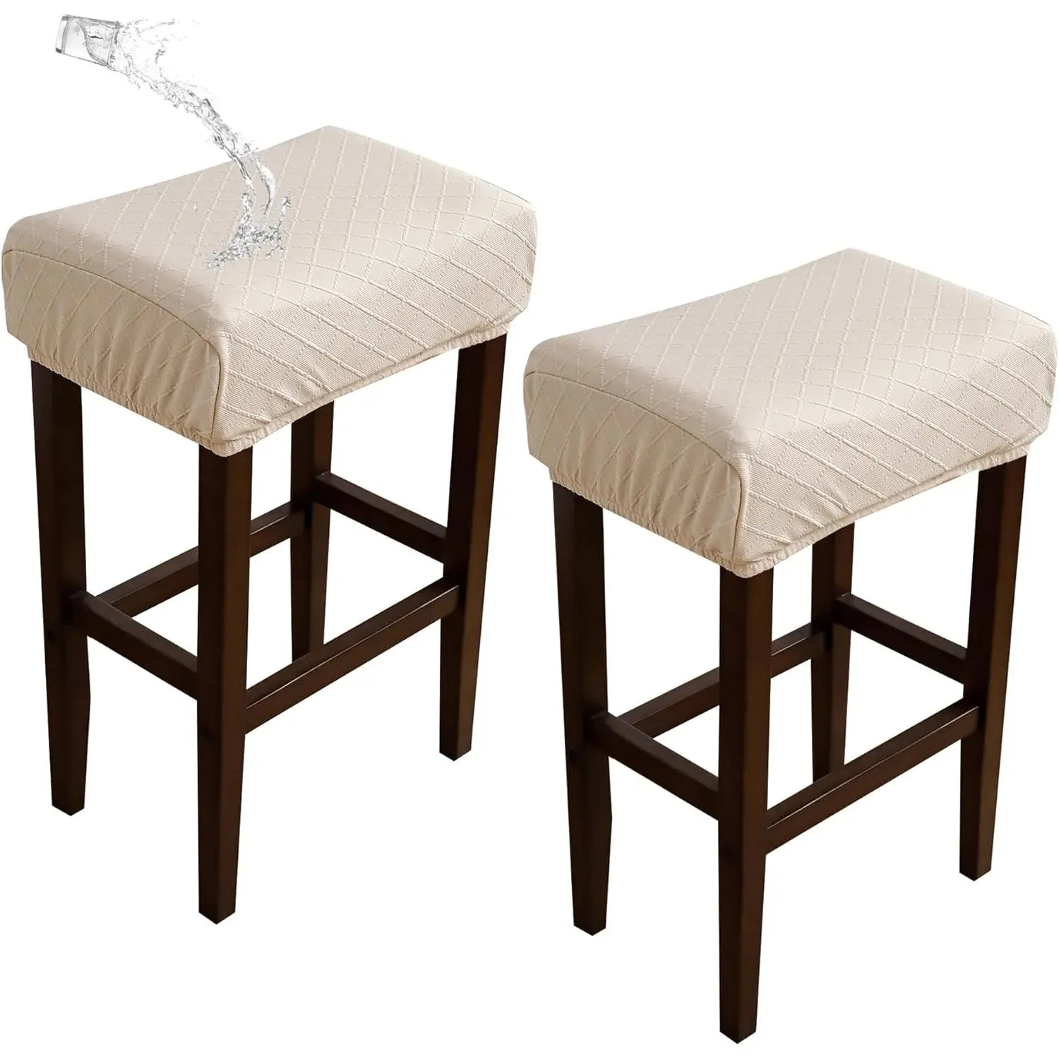 Backless Bar Stool Covers, 2 Pcs Stretch Waterproof Washable Beige Covers for 13-14in Width 17-18in Length Dining Room Rectangle Barstools, Durable, Easy To Install