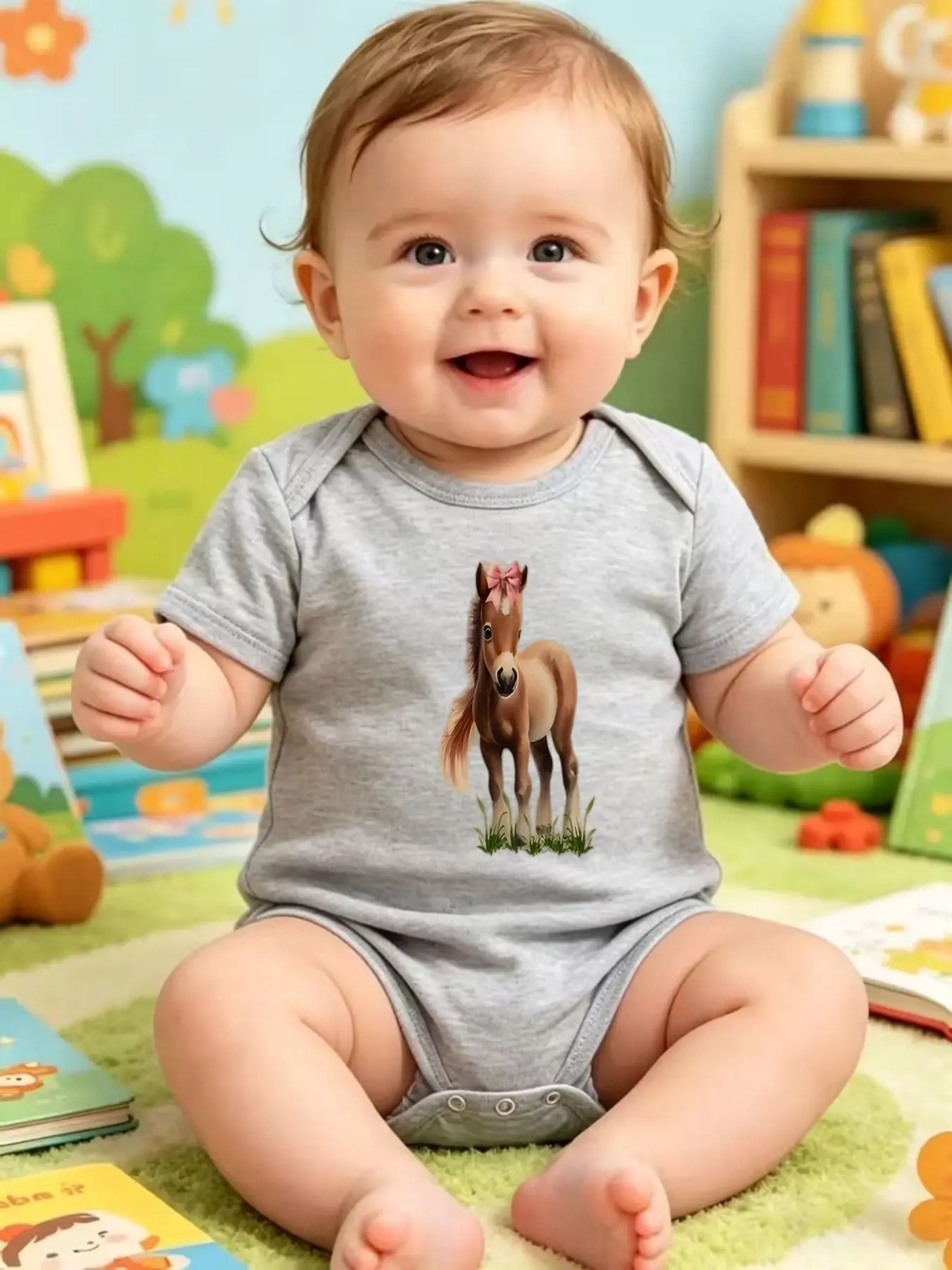 Horse Pattern Baby Triangle Jumpsuit, Cute Casual for Daily Crawling & Outdoor Wear, Unisex Newborn Clothes, Perfect Gift for Babies