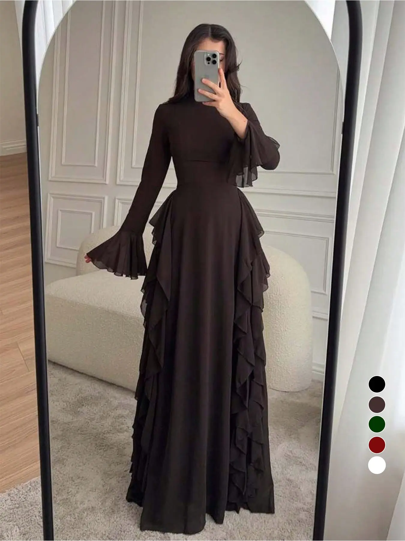 Elegant Feminine Women's Long Dress with Bell Sleeve and Ruffle Design, Stylish Plus Size Formal Evening Gown, Perfect for Special Occasions