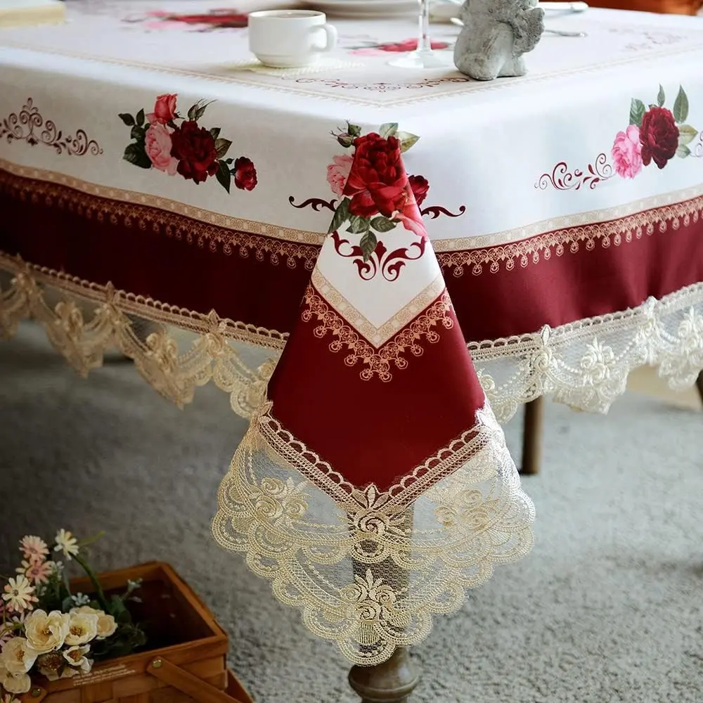 Lace Embroidered Table Cloth,Rectangular Farmhouse TableCover,Classic Oblong Antique Flower Decor Macrame Tablecloth (Burgundy, Rectangle/Oblong,60 x 84 Inch,6-8 Seats)