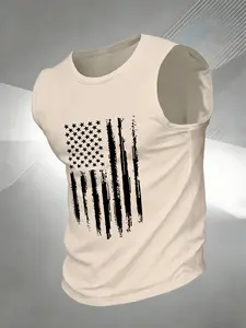 Men's Vintage American Flag Print Sleeveless Vest, Sporty Fit Compression Wear, Unlined Top Without Zipper, Outdoor Style