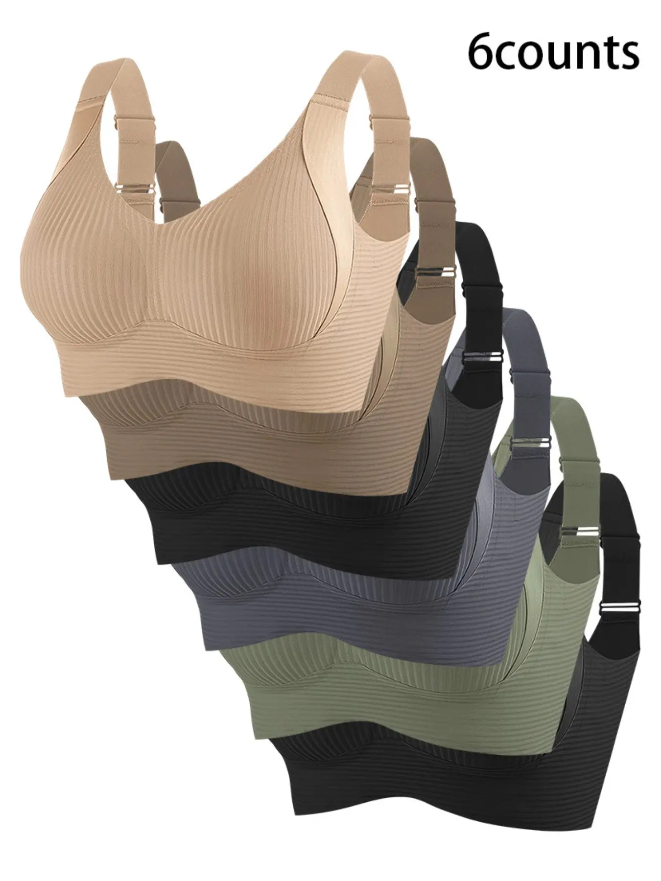 Women's 6-Piece Plain Bra Set, Comfortable Breathable Push-Up Bras, Soft Lightweight Lingerie, All-Season Wear, Medium Support