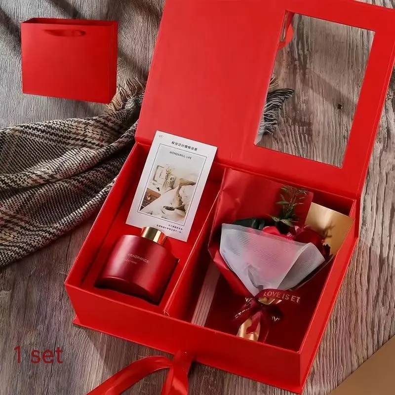 Women's Birthday Gift Set, Gift Boxed, Luxurious Scented Candle Box, Artificial Flower Bouquet, Greeting Card, Perfect for Mom, Sister, Wife, Best Friend