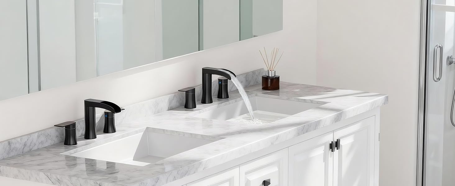 SSREEZNX Waterfall Faucets Brushed Nickel, Sink Faucet 3 Hole, Widespread Sink Faucet with Pop-up Drain and Line for