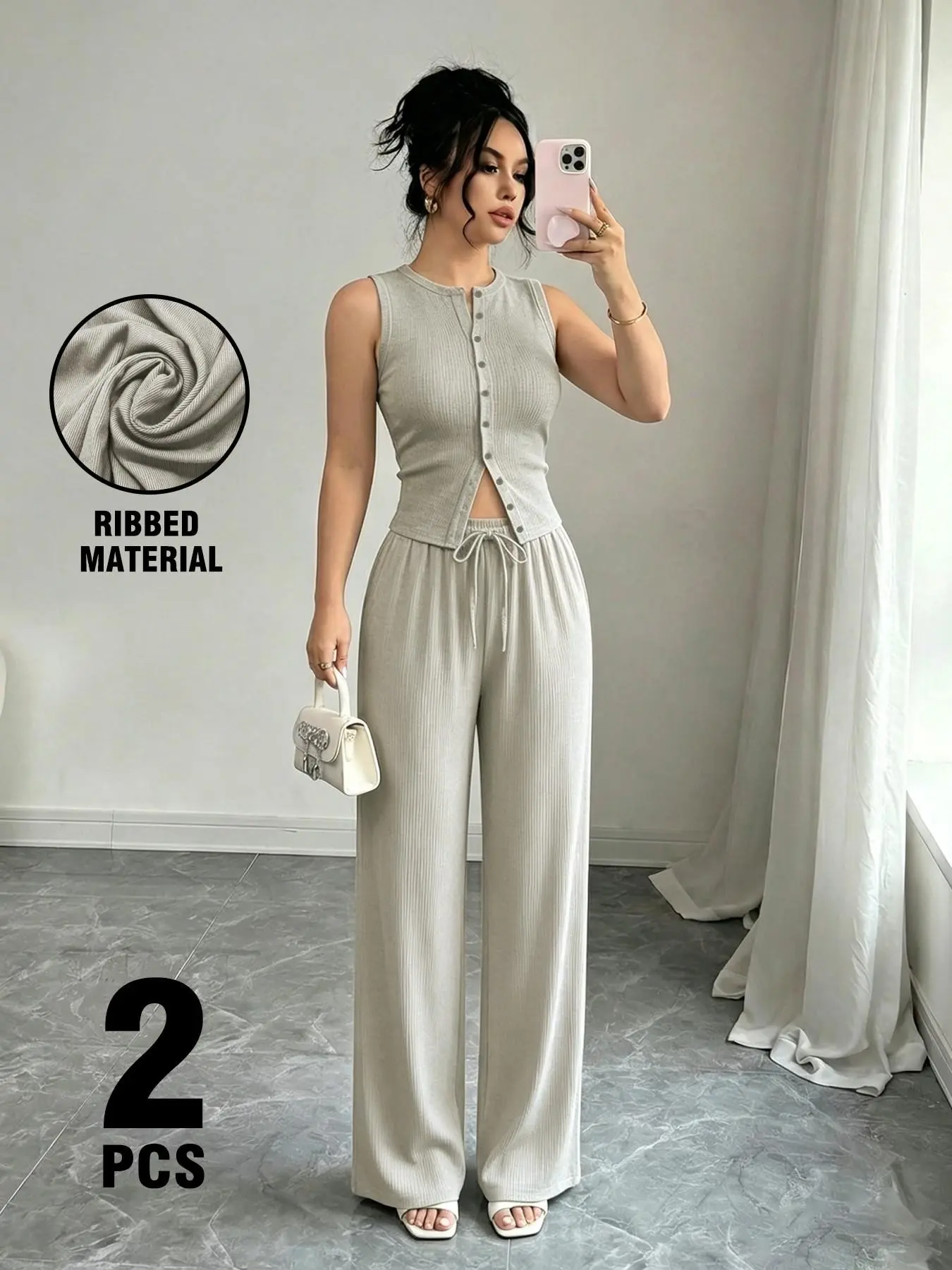 Women's 2-piece casual set, sleeveless button top, Tank top and drawstring wide leg pants, soft and comfortable fabric, daily street set, suitable for summer home relaxation and outdoor activities