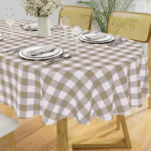 Oval Waterproof Vinyl Table Cloth, Flannel Backed Tablecloth, Wipeable Table Cover for Dinner,, (60" x 84", Khaki and White)