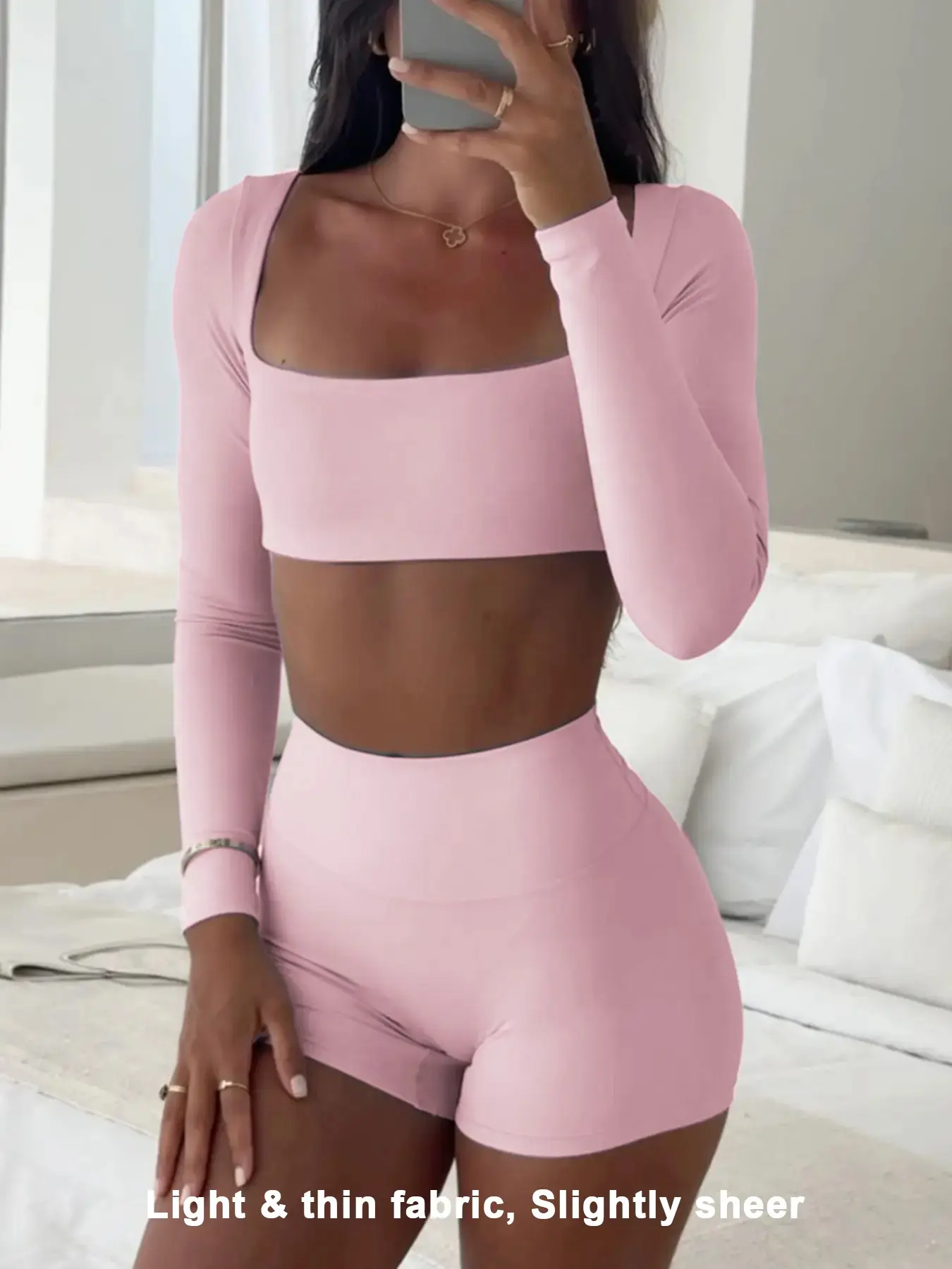 Women's Casual Sporty Plain Long Sleeve Top & Shorts Casual Athleisure Activewear Clothing Activewear Set, Slim-Fit Thin Fabric for Fall Season, Comfortable Daily Wear Apparel, Athleisure Outfit