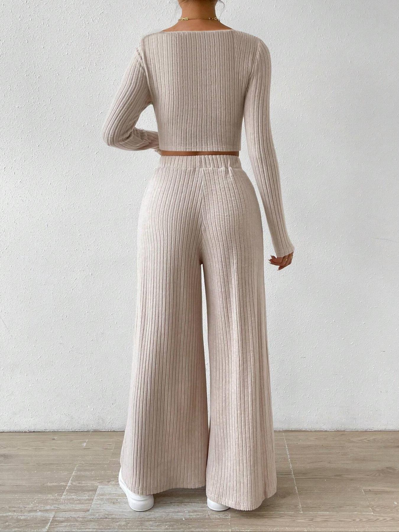 Women's Solid Ribbed Crop Tee & Loose Wide Leg Pants Two-Piece Set, Casual Long Sleeve Scoop Neck Top & High Waist Trousers for Fall & Winter, Women's Clothes for Daily Wear, Womenswear
