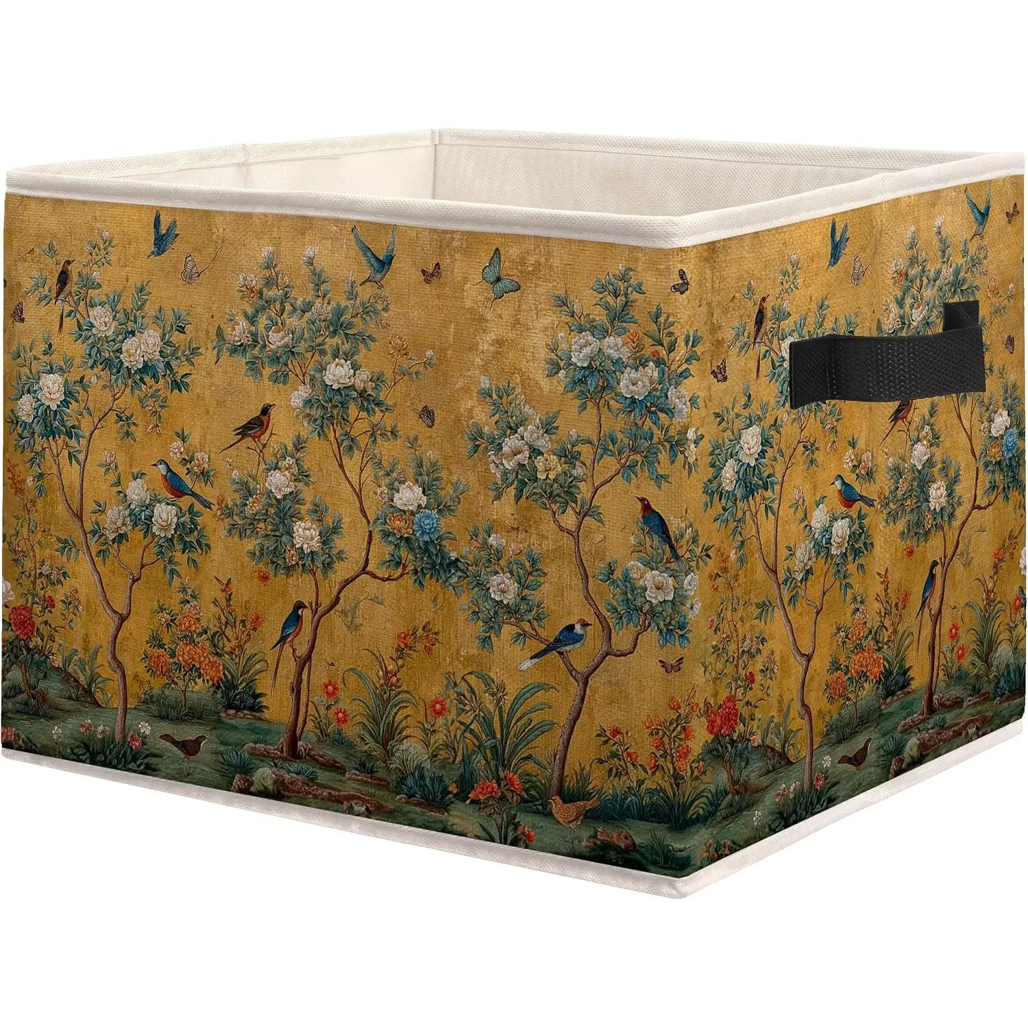 Chinoiserie Bird Floral Foldable Storage Bins Box |  Oriental Flower Botanical Storage Organizer Basket with Handles for  Bedroom Bathroom Clothes Toys Books