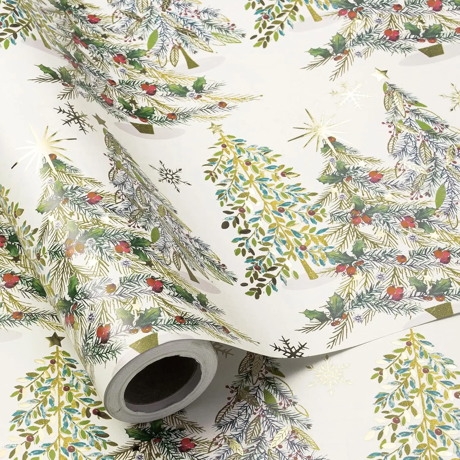 RUSEPEA Luxury Modern Foil Finish Christmas Tree Wrapping Paper Mini Roll, 17x16.4ft Office Gift Wrapping Supplies for Holiday Gifts, DIY Crafts