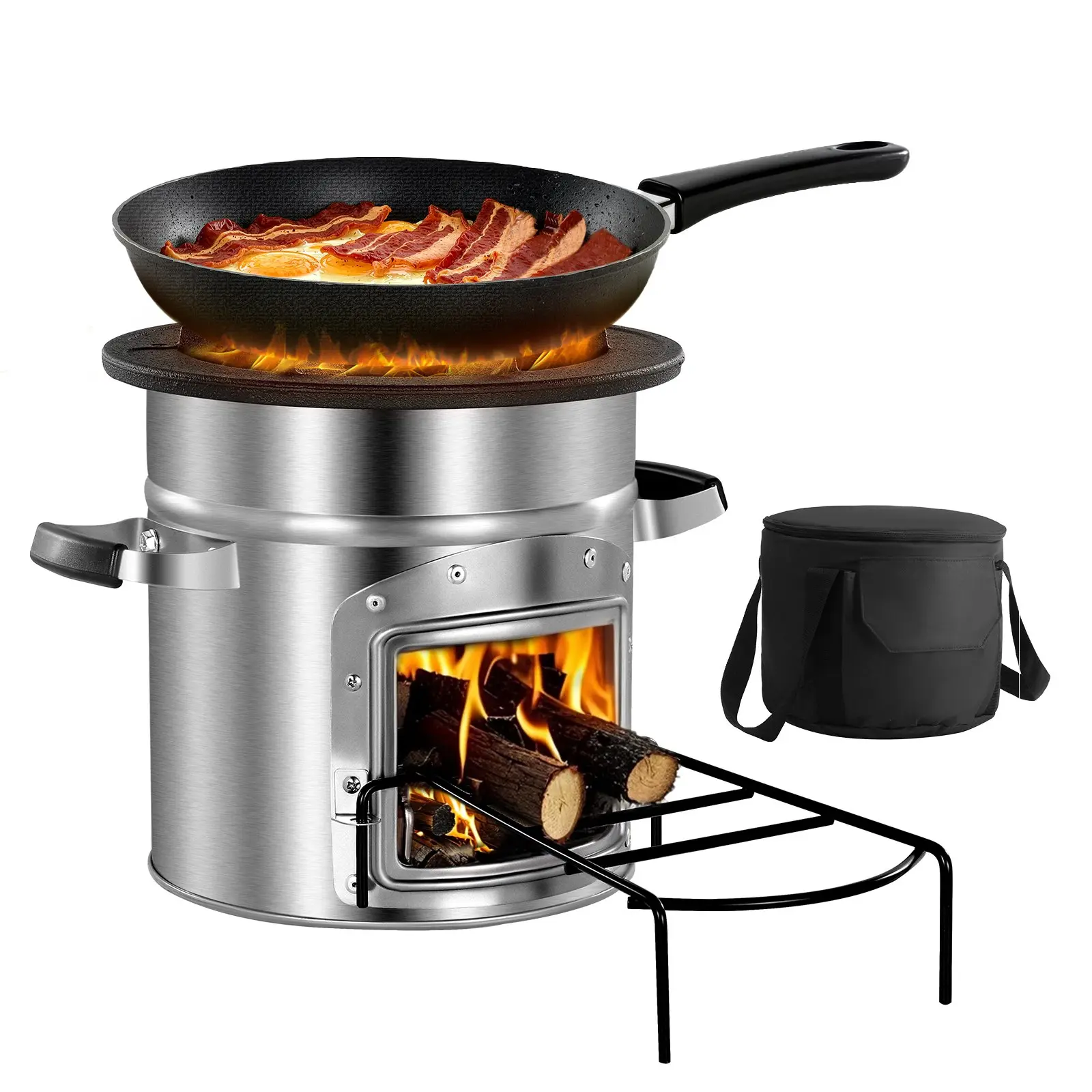 VEVOR Stainless Steel Camping Rocket Stove, Single Locking Fuel Door Wood-Burning Stove Built for Longer Burns, Protective Carry Bag Included for Backpacking, Backyard Outdoor Cooking