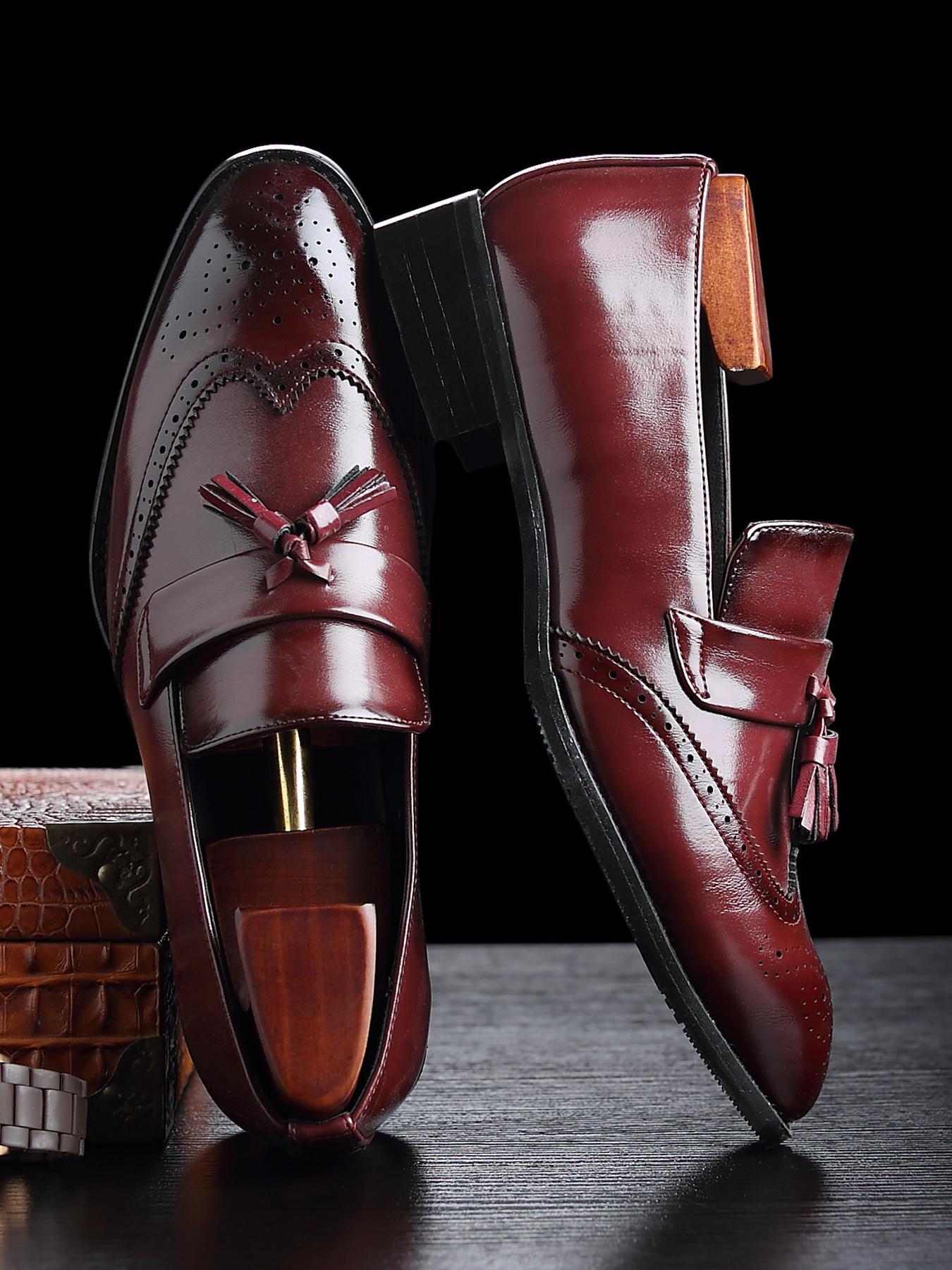 Men's Business Solid Color Classic Pointed Toe Tassel Decor Loafers, Fashionable PU Leather Dress Shoes for Work Office, Male All-match Commuter Shoes for Daily Wear