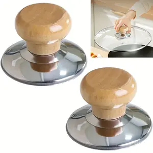 Pot Lid Replacement - Wooden Pot Lid Knob - Heat-Resistant Wooden Handle with Stainless Steel Base - Anti-Scalding Replacement for Pots & Pans - Kitchen Cookware Accessory - 2.25" Diameter - Ergonomic Kitchenware - Durable Kitchen Item - 1/2pcs