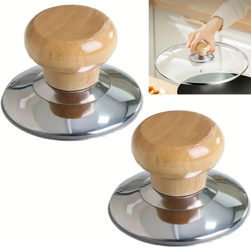 Pot Lid Replacement - Wooden Pot Lid Knob - Heat-Resistant Wooden Handle with Stainless Steel Base - Anti-Scalding Replacement for Pots & Pans - Kitchen Cookware Accessory - 2.25" Diameter - Ergonomic Kitchenware - Durable Kitchen Item - 1/2pcs