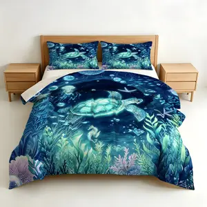 2-3 Piece Glow-in-the-Dark Sea Turtle Underwater World Print Comforter Set, Soothing Ocean Themed Bedding, Ideal for Beach B&Bs, Hotels, and Children’s Rooms, Excellent Warmth