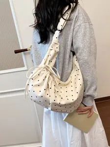 Gentle, elegant, sweet and classic polka dot crescent bag, with a drawstring pocket design on the front, simple, fashionable and niche design, suitable for friends' gatherings, shopping in the mall, and single shoulder crossbody bag