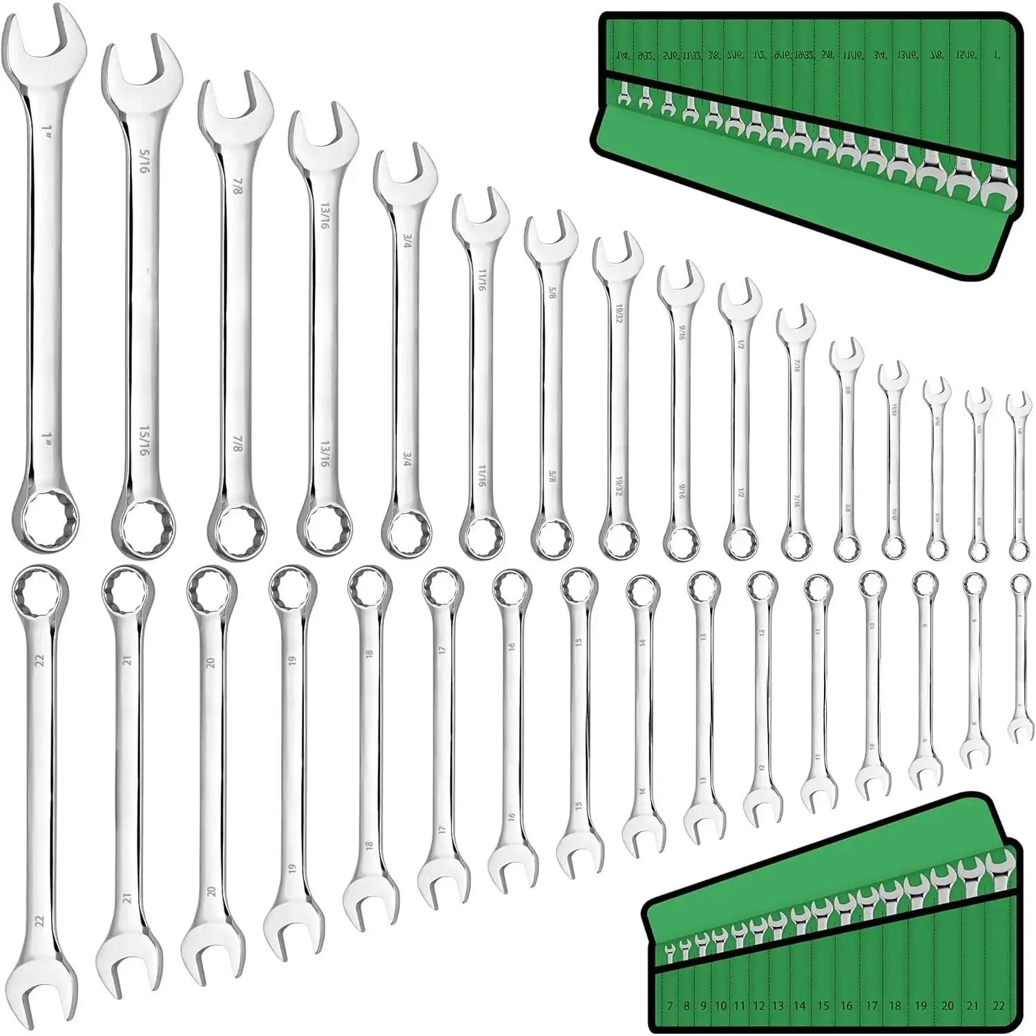 32-Piece Combination Wrench Set, SAE and Metric, 1/4"-1"  7mm-22mm, 12 Point, Chrome Vanadium Steel Metric combination wrench green wrench christmas gift mechanic tool car repair men gift wrench set, Spring Glow Up