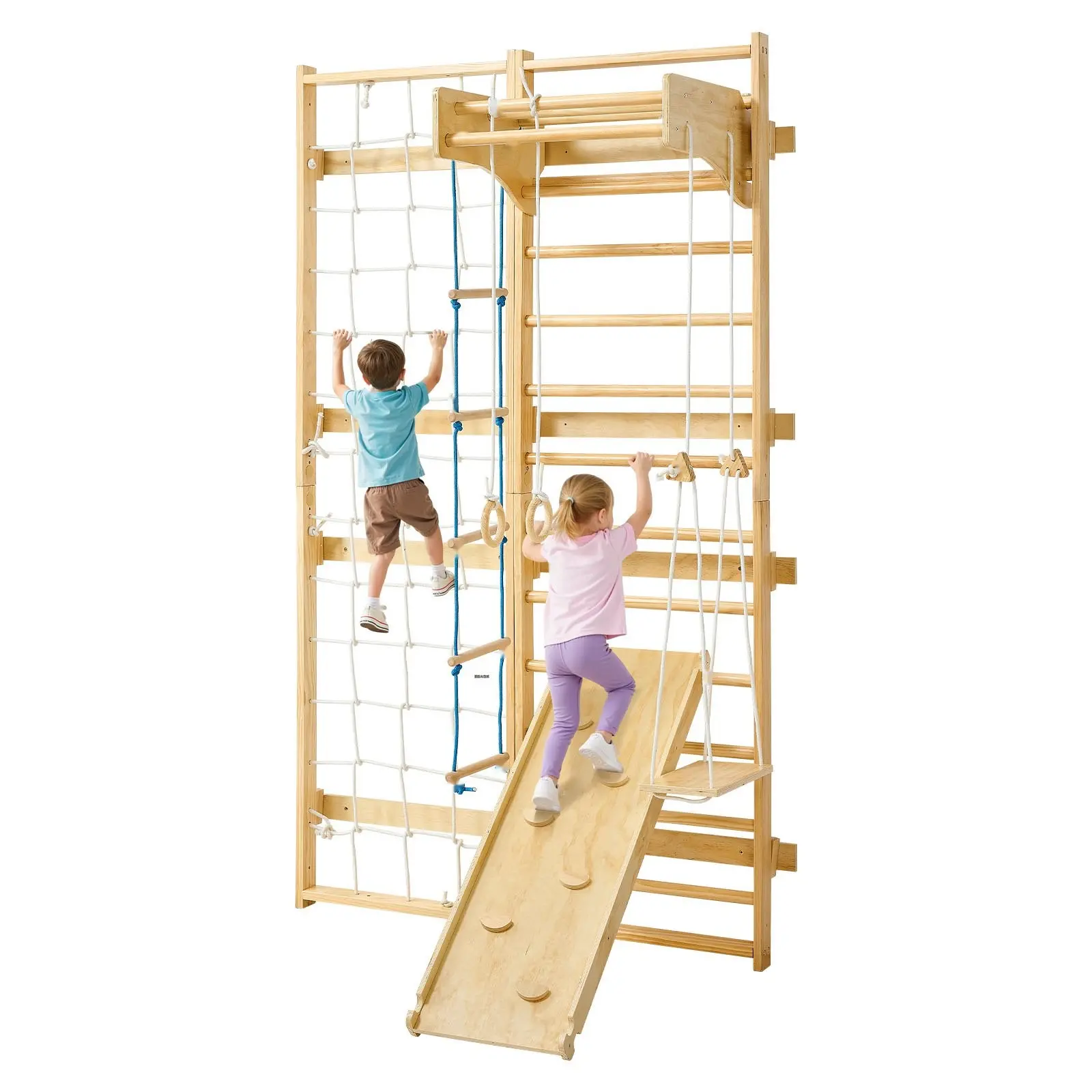 Swedish Ladder Wall Gym System: 8-In-1 Calisthenics Station with 15-Level Adjustable Settings, Solid Wood Gymnastic Stall Bars, Wall Mounted Home Fitness Rig for Full-Bodyweight Training, Conditioning and Rehabilitation