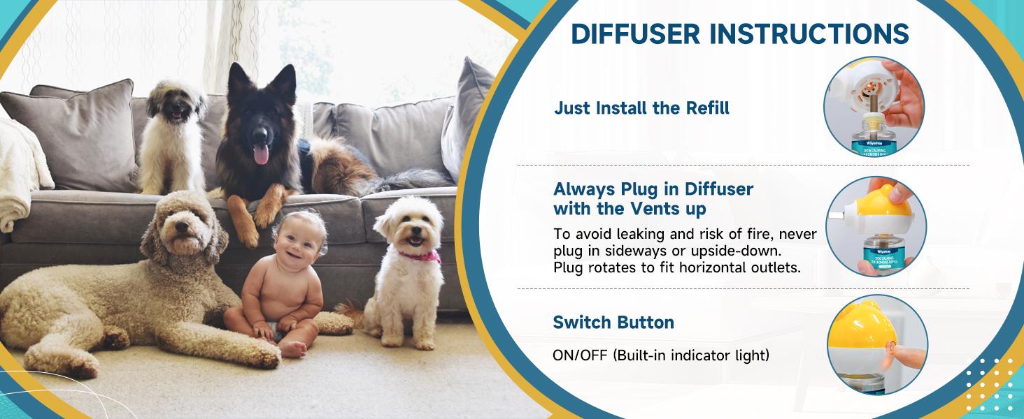 Dog Calming Diffuser - Dog Pheromones Calming Diffuser for Dog Anxiety Relief 6-in-1 Dog Pheromone Diffuser Kit with 2 Diffuser + 4 Refill 48ml Vial - 120 Days Pheromone Diffuser to Calm Dogs