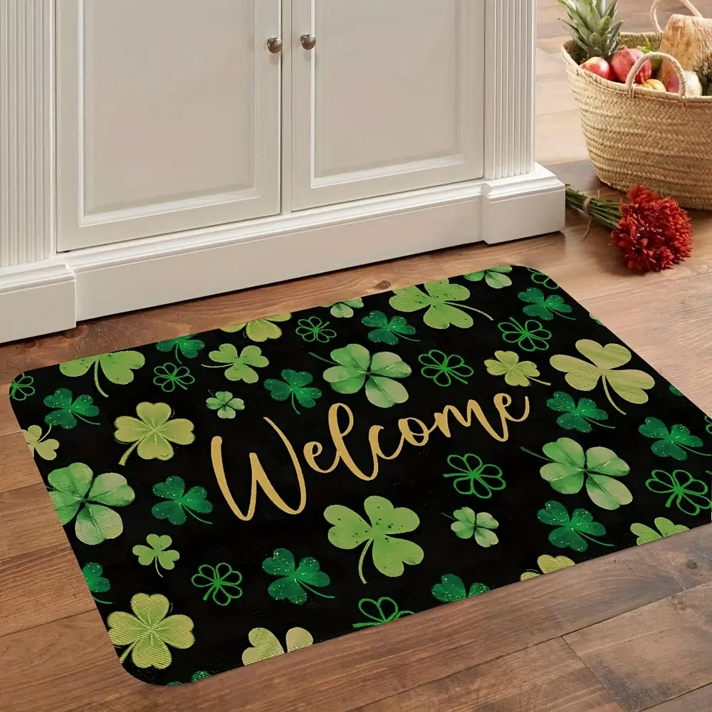 St. Patrick’s Day Welcome Doormat - 1-Piece Farm-Style Lucky 4-Leaf Clover Polyester Carpet, Spring Decoration for Indoor/Outdoor Entrance, Courtyard