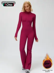 Autumn Winter Fleece Lined Jumpsuit, Stand Collar Warm Yoga Onesie, Wide Leg Running Fitness, Women's Sportswear