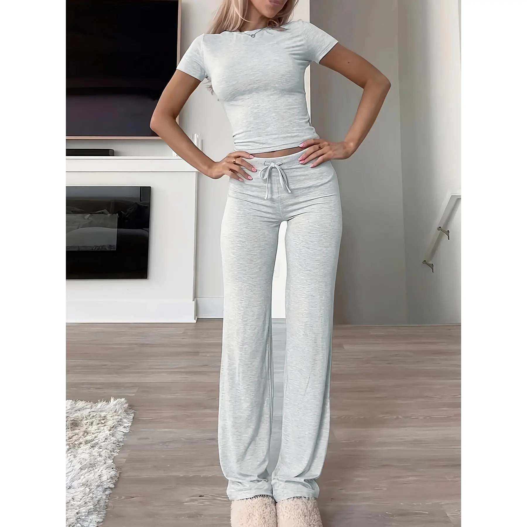 Women's 2-Piece Solid Modal Nightwear Set, Soft Knit with a Long Sleeve Ribbed Top and Drawstring Pants, Pajama, Crew Neck, Loungewear, Casual, Fabric, Plain, Dry Clean Womenswear Homewear