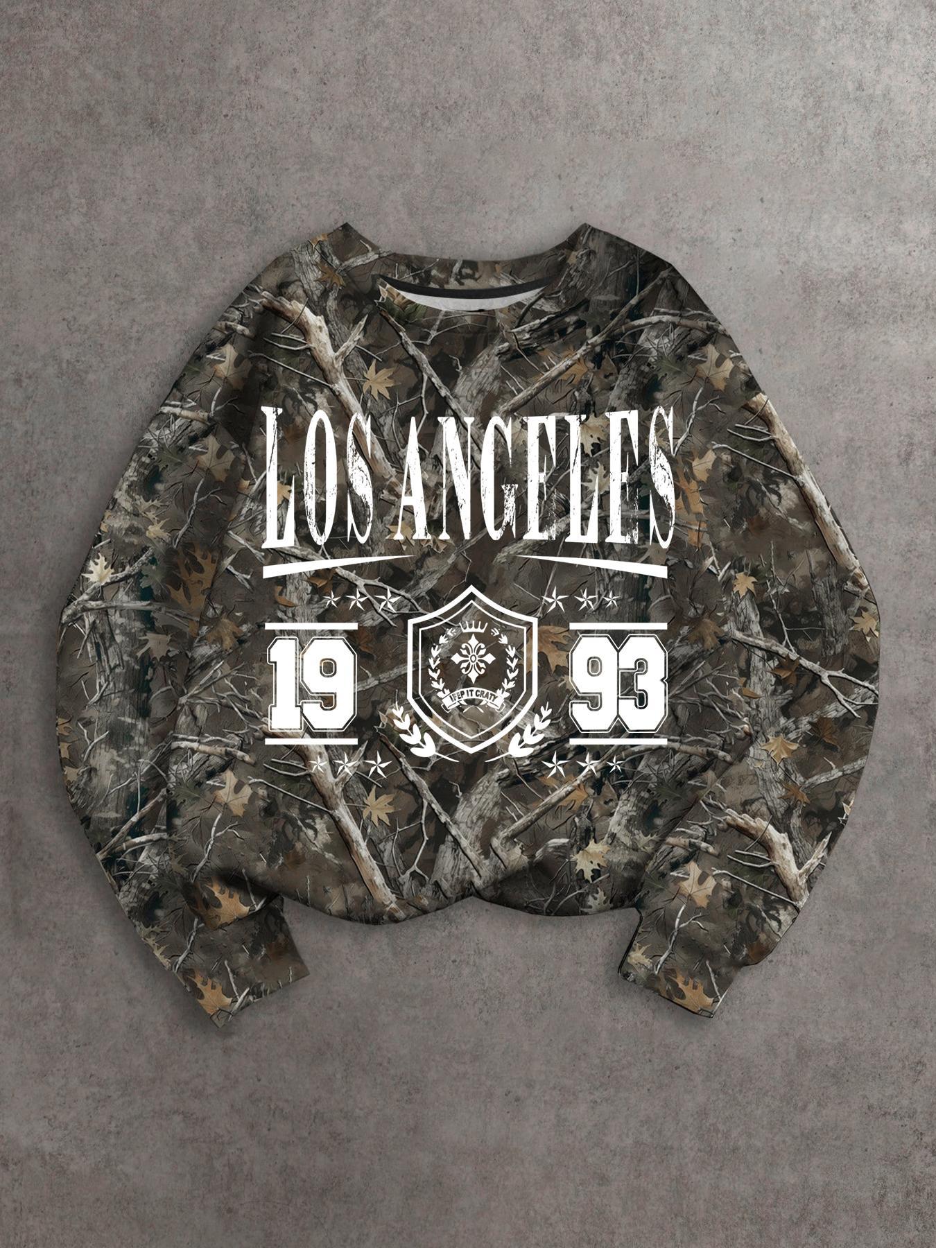 Unisex's All Over Plants Print Sweatshirt, Camouflage Streetwear, Regular Fit Casual Long Sleeve Round Neck Pullover for Fall & Winter, Unisex's Clothes for Daily Wear