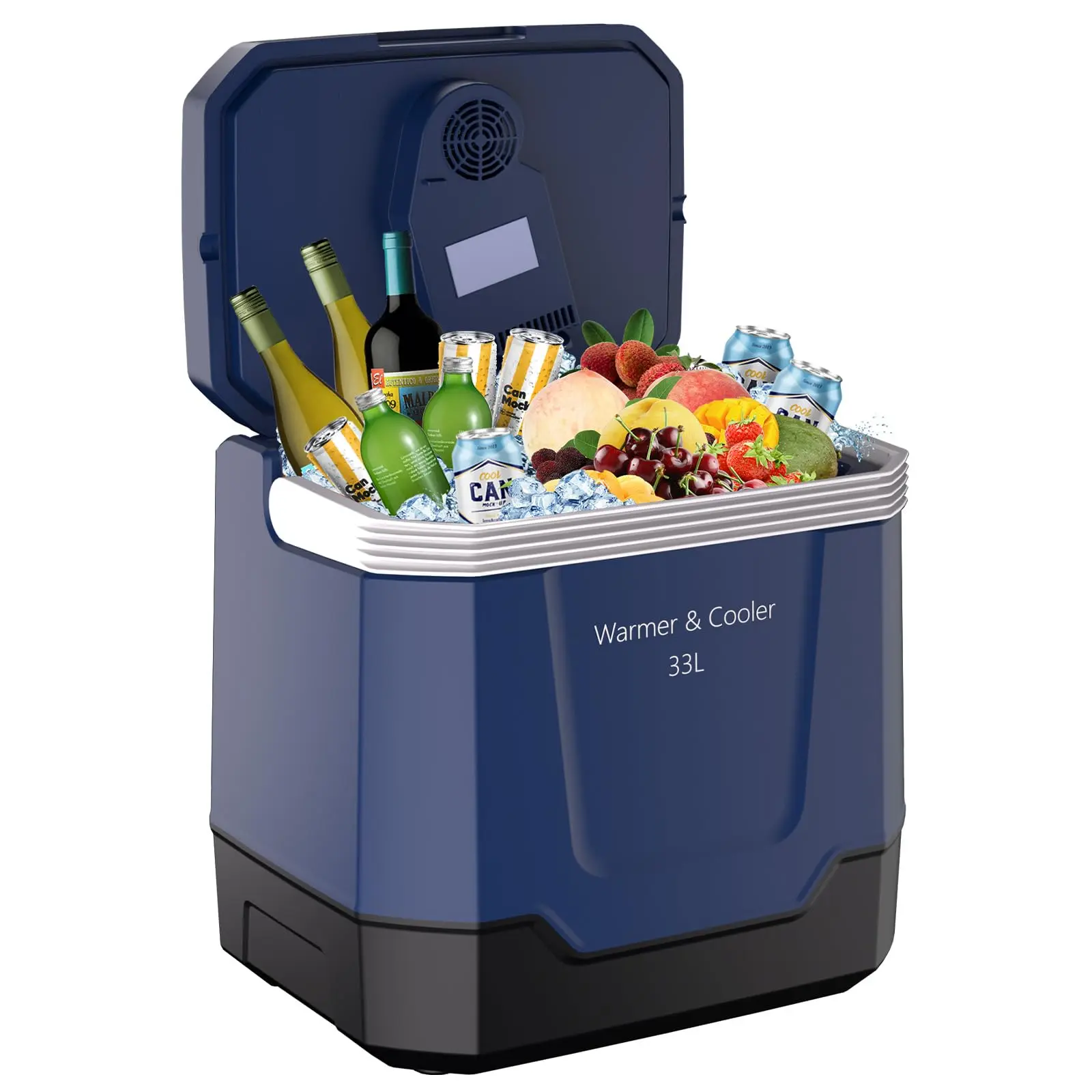 35 Quart  Electric Cooler & Warmer, Portable Car Refrigerator With Automatic Locking Handle, 12V Car Cooler for Vehicle & Trucks, 110V AC Home Power Cord, Plug In Coolers for Vehicle, Truck, RV, Camping Blue