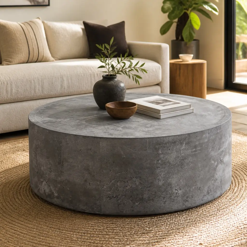ARCH Modern MDF Drum Shape Coffee Table - 39.37" W x 39.37" D x 12.40" H, 50.20 lb 1-Piece Faux Concrete Finish Stone Gray Pedestal Accent Table, No Assembly Needed, Clean Aesthetic Minimal Chic Space Saving Furniture for Living Room Compact Spaces