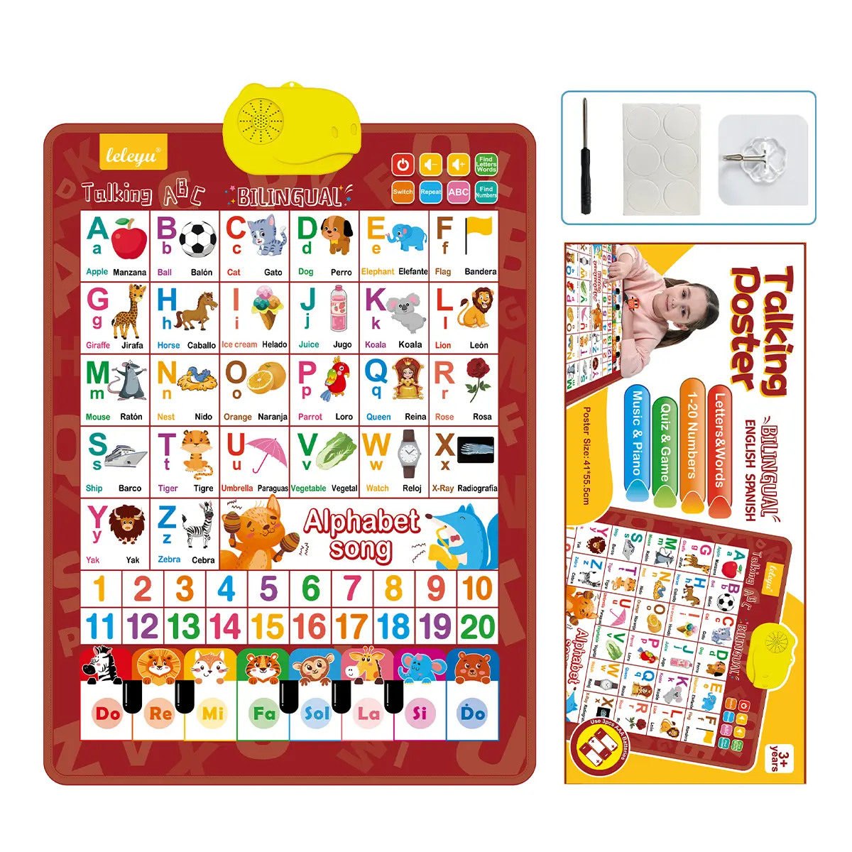 Children’s English–Spanish Alphabet Poster – Fun ABC Bilingual Learning and Number Charts with Basic Vocabulary, Perfect for Early Education Language Learning Toys