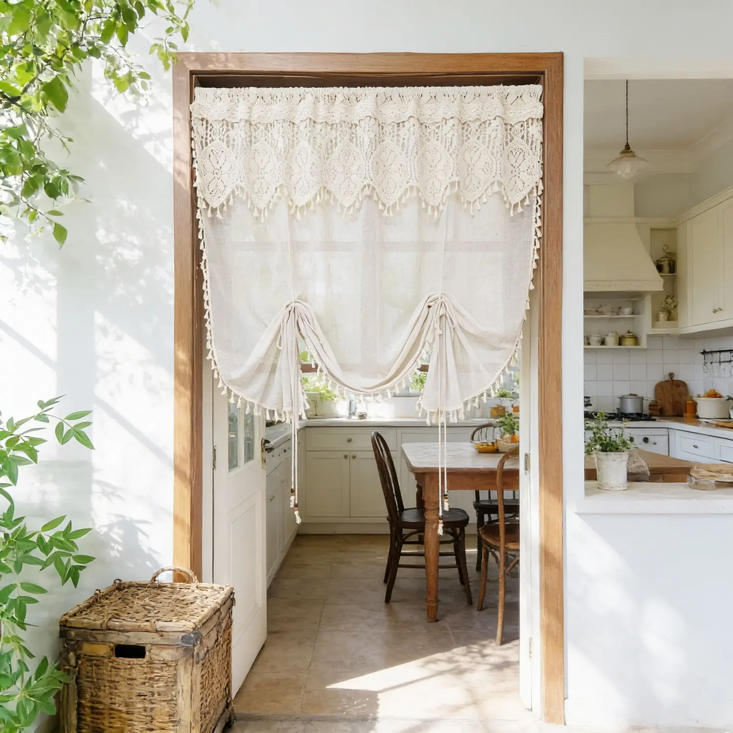 Boho Crochet Lace Tie Up Sheer Curtain Valance Home Decoration Curtain for Kitchen Windows Macrame Liftable Tulle Tier Curtain Adjustable 2 Layered Light Filtering Sheer Valance Rod Pocket 1 Panel Kitchen Curtains