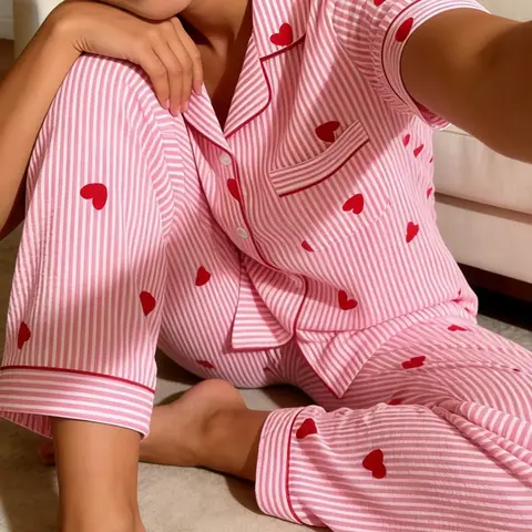 Women's Short Sleeve Top & Long Pants, Cardigan Soft Pajama Set, Nightwear, All-Over Stripe & Heart Print, Casual Slim-Fit Home Wear, Homewear, All-Season Loungewear, Summer Pajama Set, Womenswear