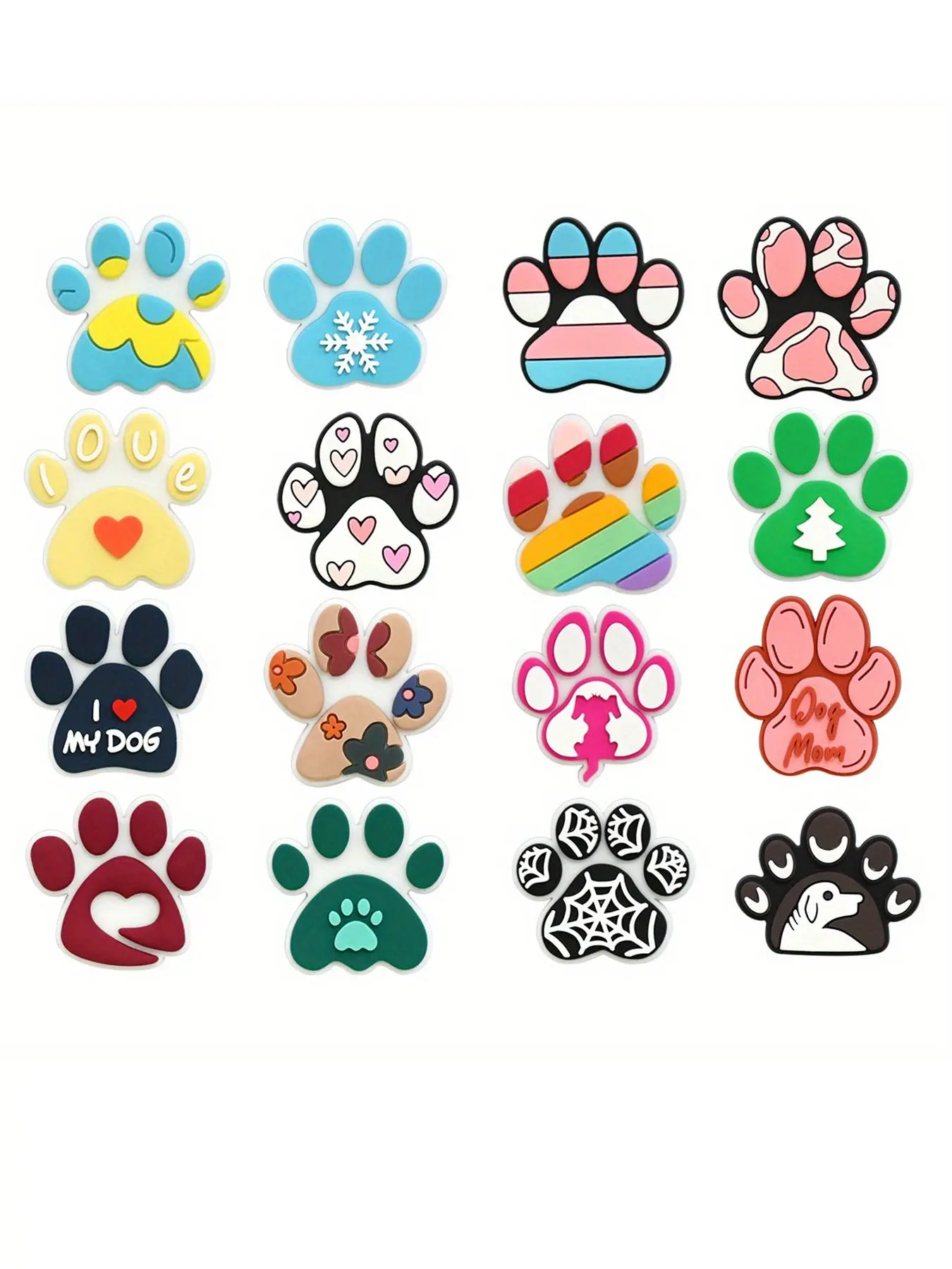 Cute Pet Paw Print Shoe Accessories Set, 16 Pieces, Cow Pattern Spider Web Flower Cat Dog Paw Print Soft Rubber Shoe Decorations, Cute Shoe Charms