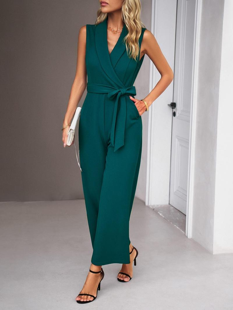Women's Solid Color Jumpsuit with Belt, Elegant Fashion Casual Jumpsuit for Daily Outdoor Wear, Women Jumpsuits for Spring Fall