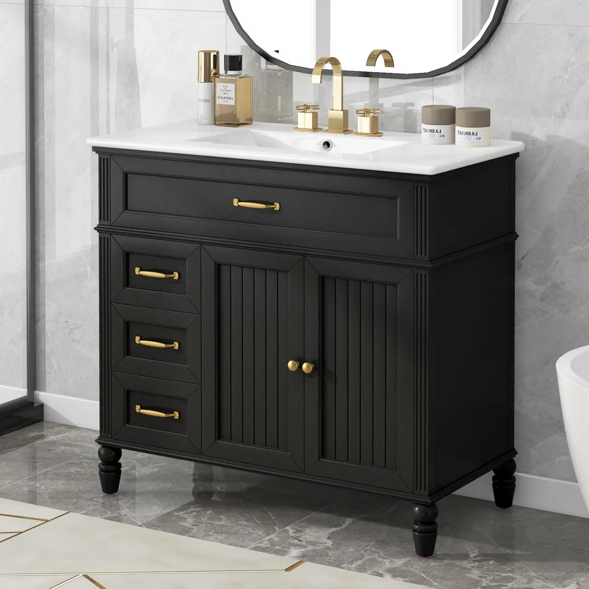 36" Bathroom Vanity with Sink, Bathroom Cabinet with Drawers, Solid Frame and MDF Board, Two Packages, Black