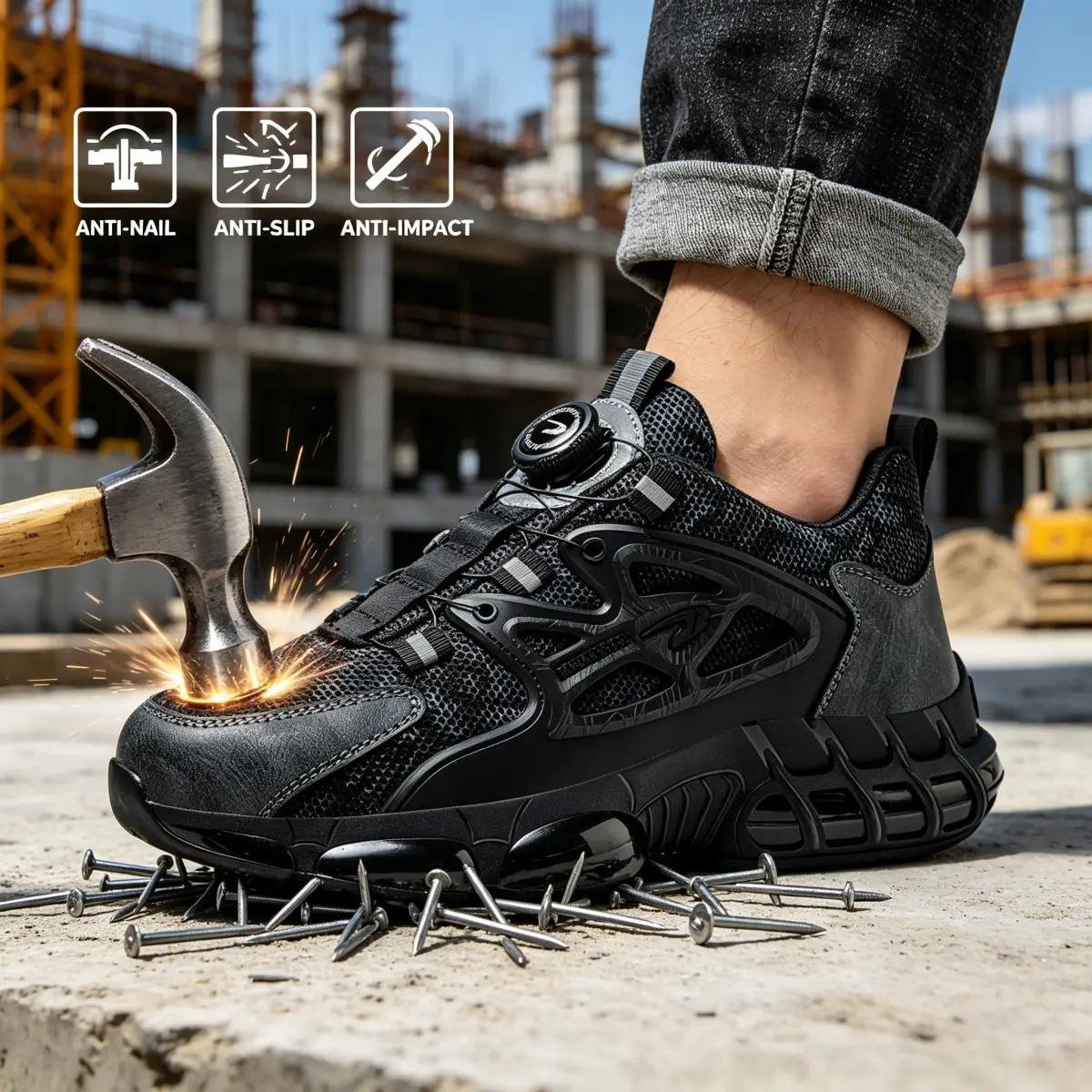 Men Steel Toe Construction Work Safety Boots, Breathable Lightweight Rotating Buckle Protective Shoes