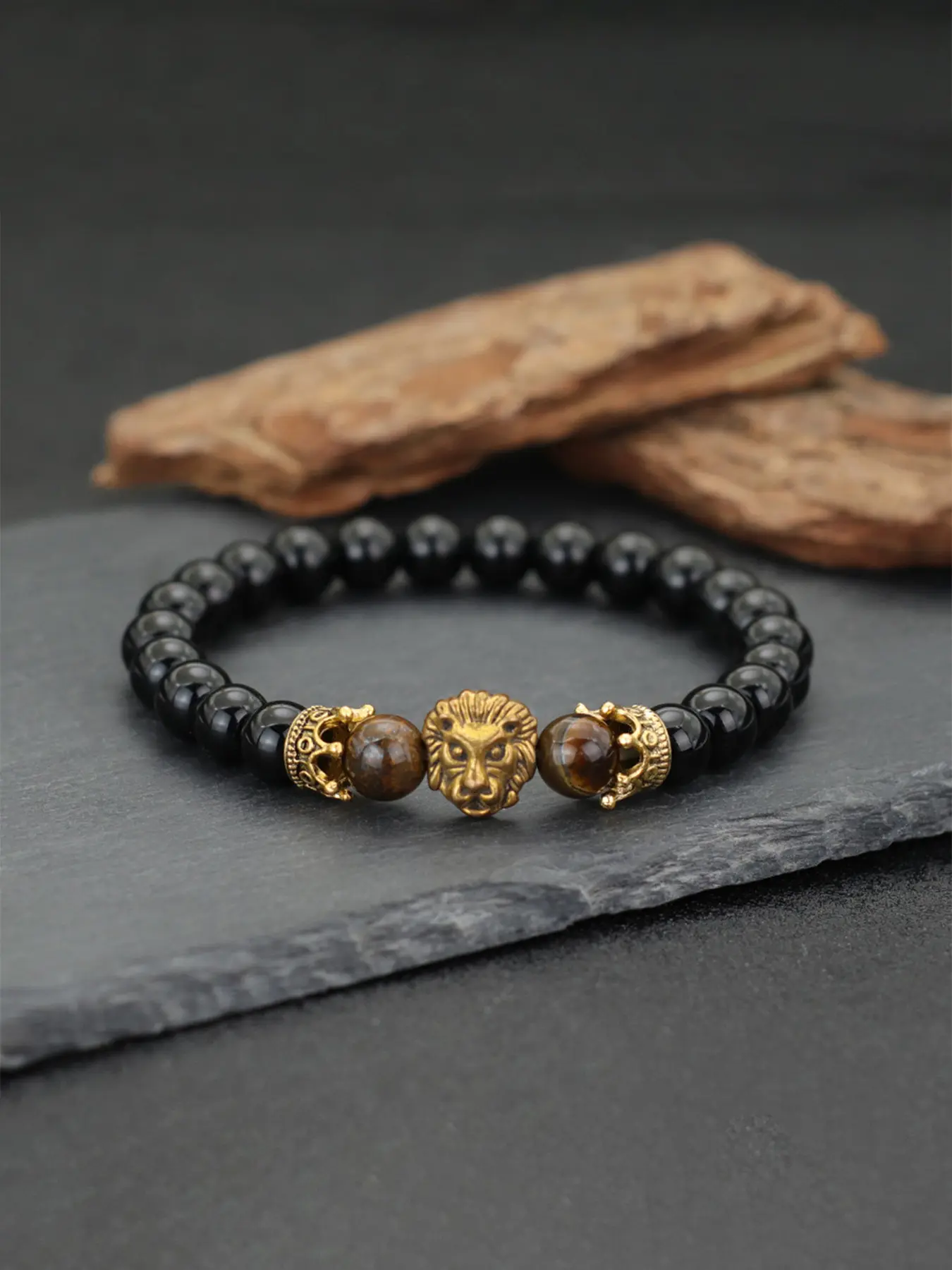 Men's Lion Bracelet, Natural Matte Obsidian, Vintage Crown Charm, Casual Style, All Seasons, Perfect Gift for Boyfriend