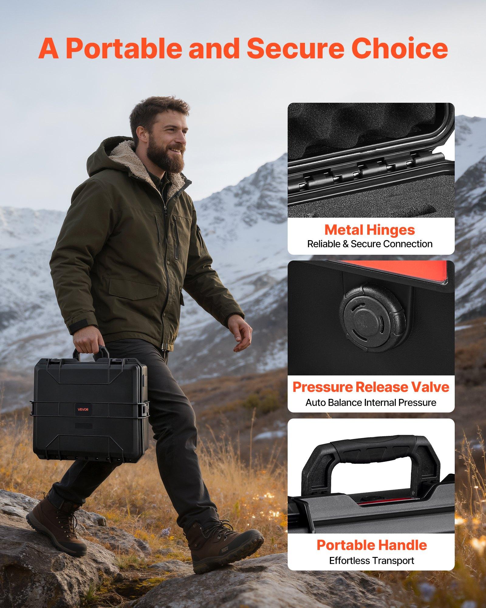 VEVOR Hard Pistol Case, Heavy Duty Hard Gun Case with XPE Foam Lining, Waterproof Pistol Storage Box with Customizable Interior & Handle for Gun, Lenses, Camera, Gear, TSA Compliant, 21.9x17.9x8.8 in