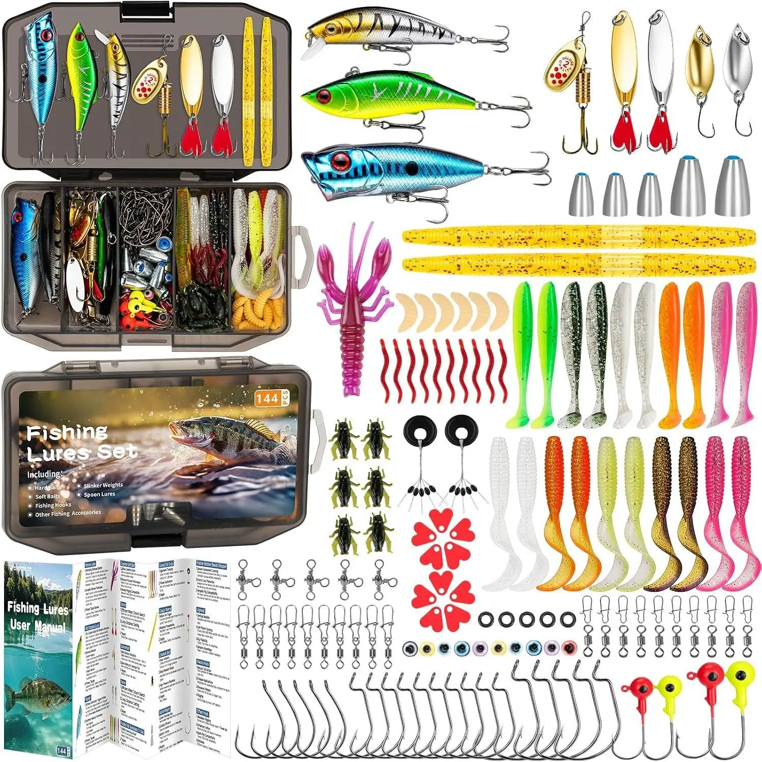 Fishing Lures, Tackle Box with Tackle Included, Crankbaits, Soft Plastic Baits, Hooks, Weights & Fishing Accessories, Freshwater Fishing Gear Kit for Bass, Trout, Walleye & Beginners