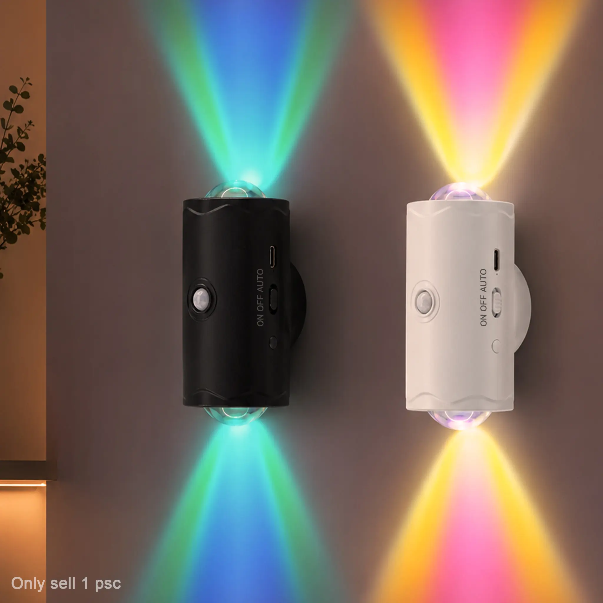 Wireless RGB Motion Sensor Wall Lamp, USB Rechargeable 7 Color LED Night Light for Bedroom, Hallway, Staircase, Bedside, Closet and Entryway
