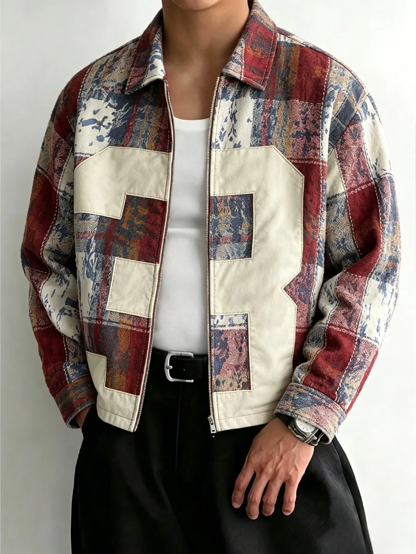 Men's Vintage Plaid Patchwork Zipper Jacket, Colorblock Notch Lapel American Style Coat, Fashionable Outerwear for Men