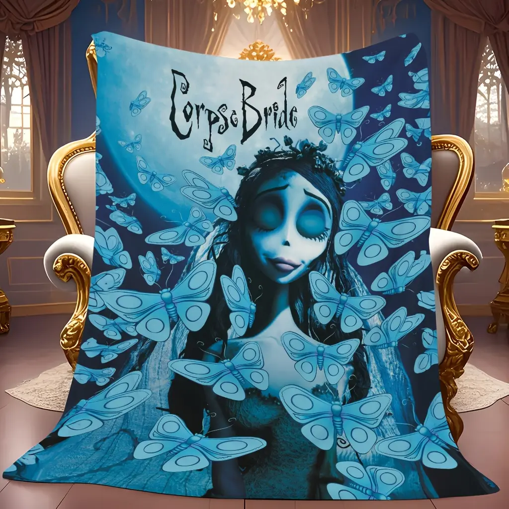Corpse Bride Emily Soft Flannel Throw Blanket - Gothic Romance Style, Anti-Pilling Print, Butterfly Motif, Indoor Decor, Fandom Themed Gift