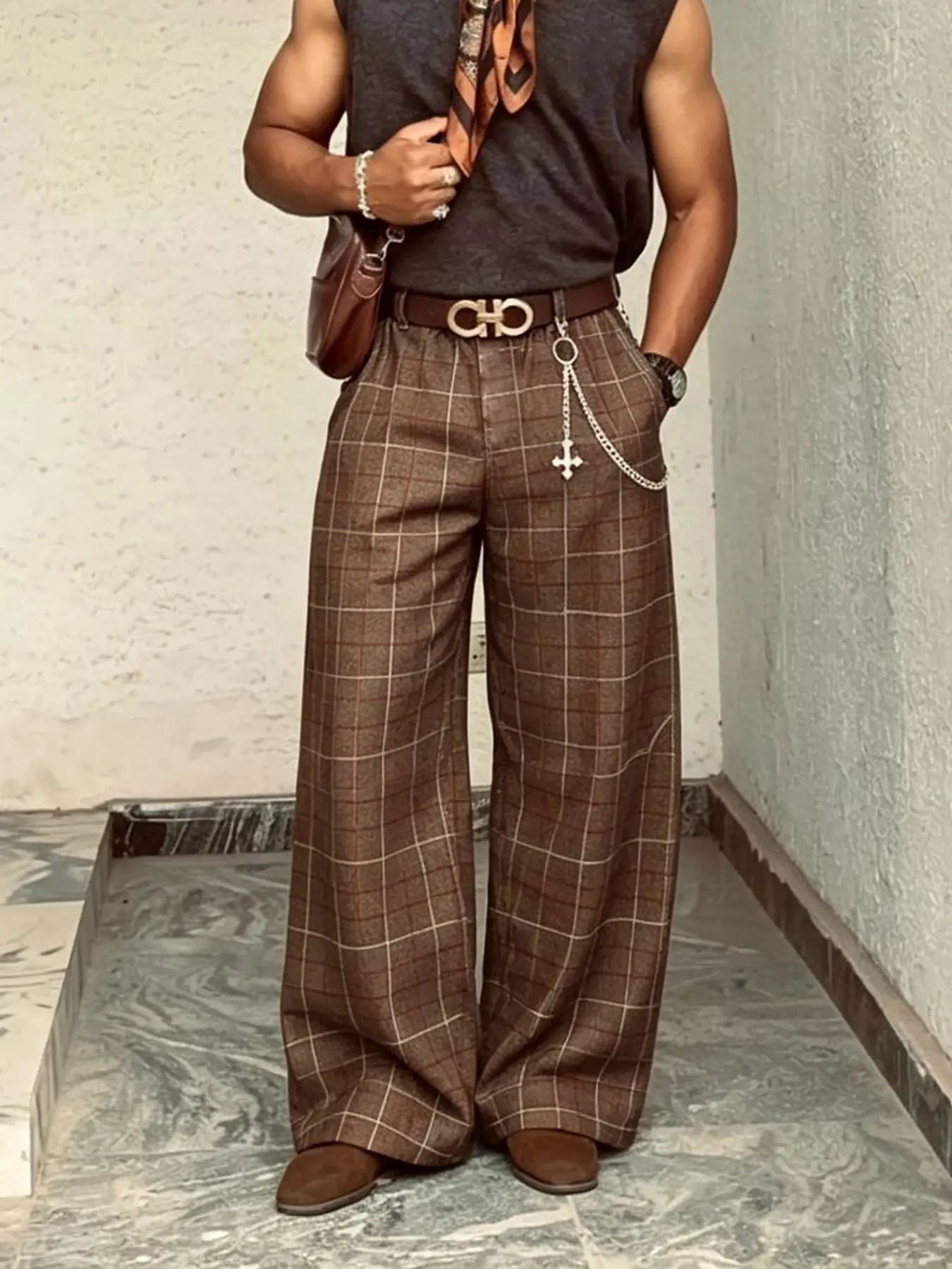Men's Loose Fit Retro Vintage Plaid Suit Pants, Multi-Pocket Design, Casual Street Style, All-Season Wear, Versatile Vacation