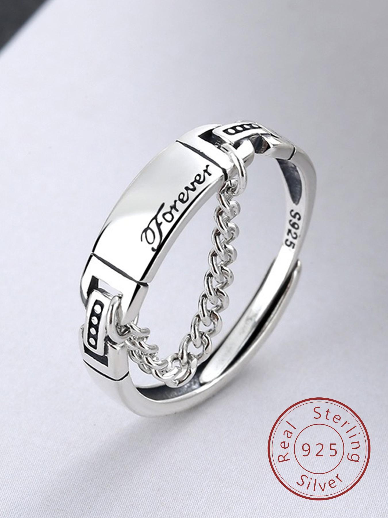 925 Sterling Silver Vintage Letter Detail Chain Decor Cuff Ring, Vintage Embossed Ring, Adjustable Open Ring, Trendy All-match & Exquisite Jewelry for Birthday Gifts for Girlfriend