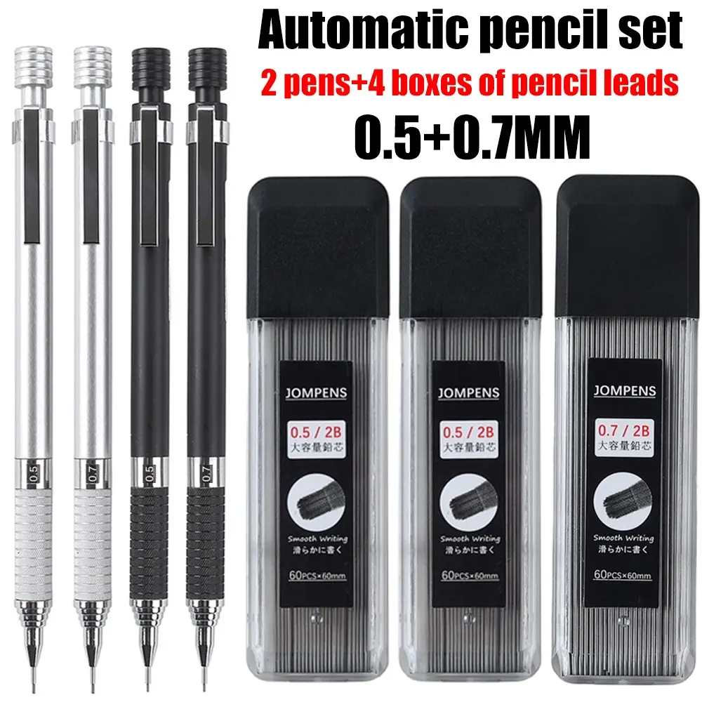 Metal automatic pencil set, Writing stationery, 0.5mm/0.7mm anti slip writing pen with metal clip, homework note and exam pen, back to school office supplies for student workers' daily use, teacher gift (6pcs/set)