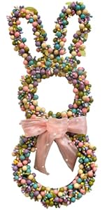 16 Inch Easter Mesh Deco Bunny Wreath with Eggs and Carrots for Front Door, Spring Pink and Blue Ribbon Easter Wreath for Spring, Rustic and Farmhouse Ribbon for Home Decor