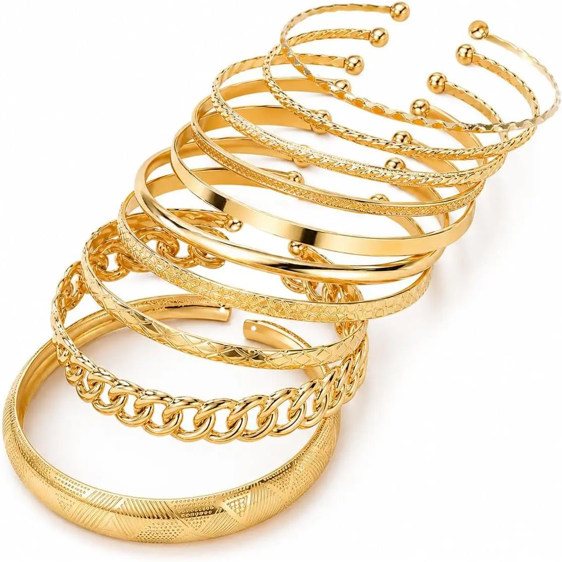 Bangle Bracelets for Women, Adjustable Stackable Cuff Set | Textured open cuff bangles combine slim, twisted and engraved designs for adjustable stacked or individual wear.