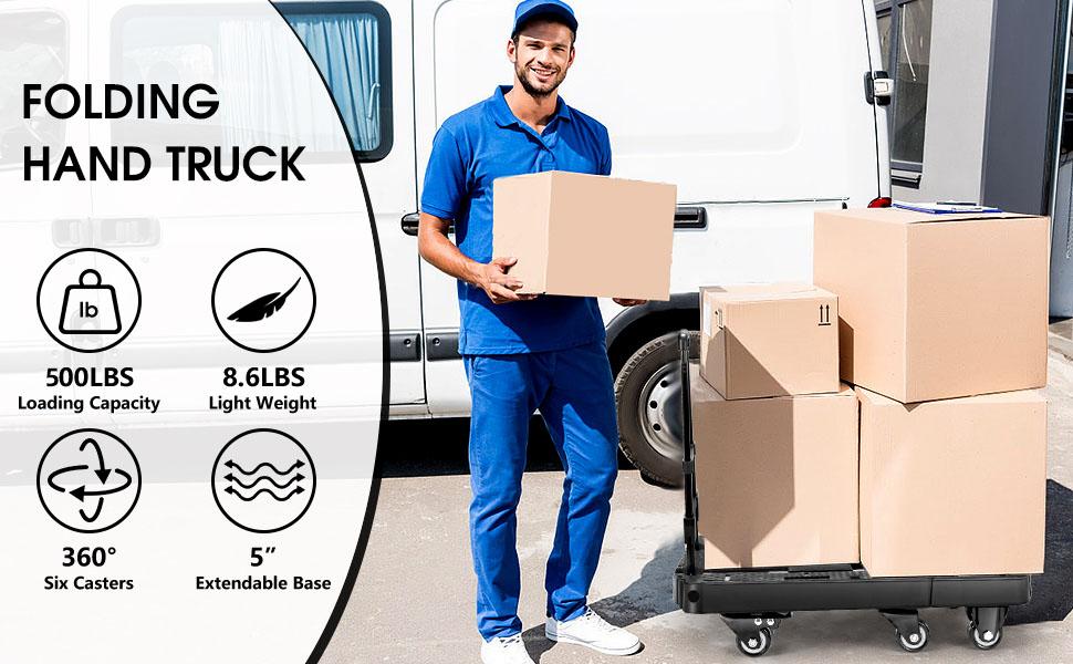 Folding Hand Truck 500lbs, Portable Heavy Duty Dolly Cart, 6 Wheels Collapsible Luggage Cart with 2 Elastic Ropes - Compact Trolley Cart for Easy Moving - Ideal Hand Cart for Travel and More