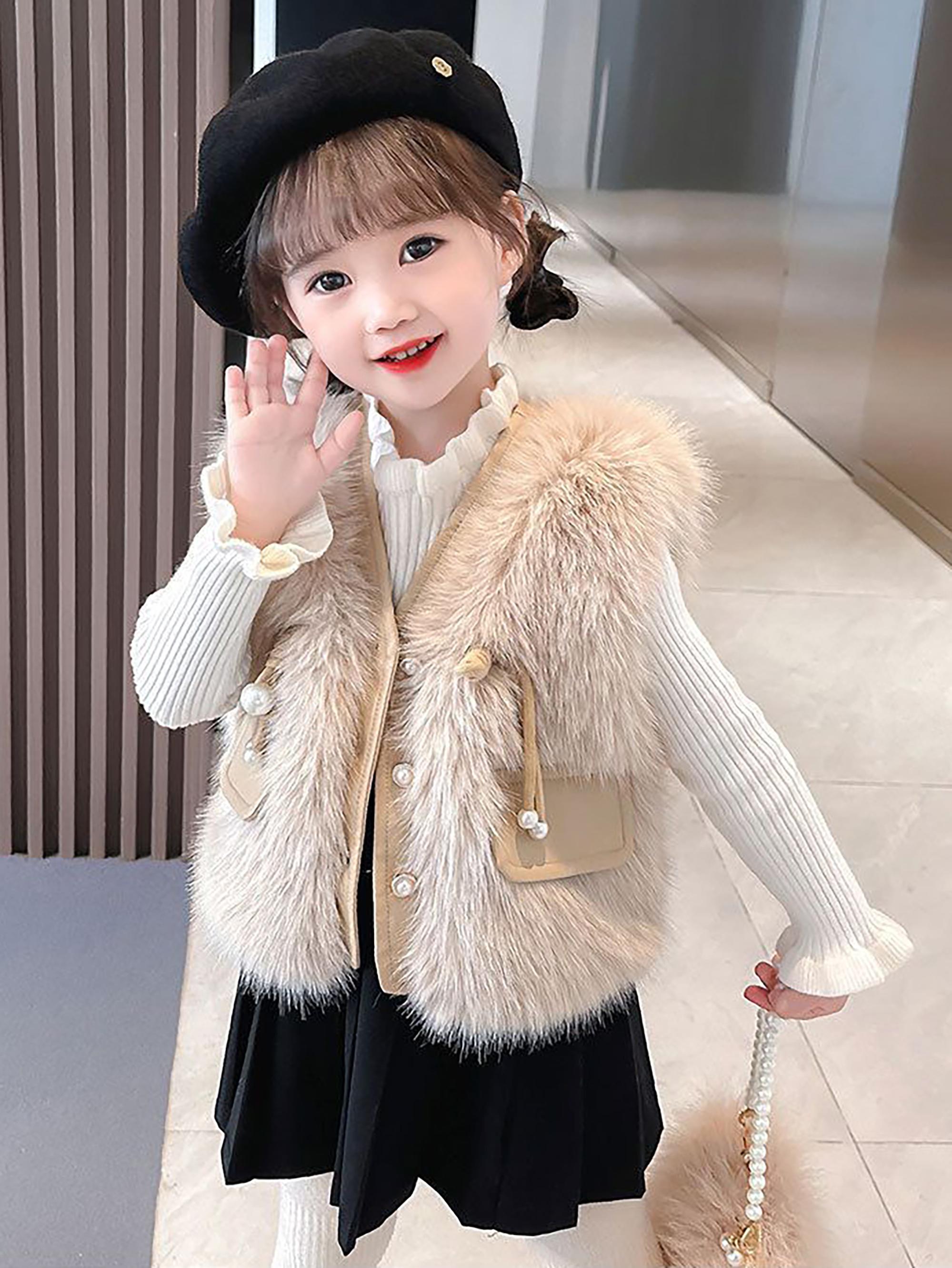 Girls' Thickened Winter Vest Jacket - Soft Pink Plush & Zipper Closure, Cozy Polyester Sleeveless Coat with Ruffled Collar & Waist Tie, Casual Elegant Outerwear for & Little Girls (Spring/Autumn) - Easy-Care Durable Design