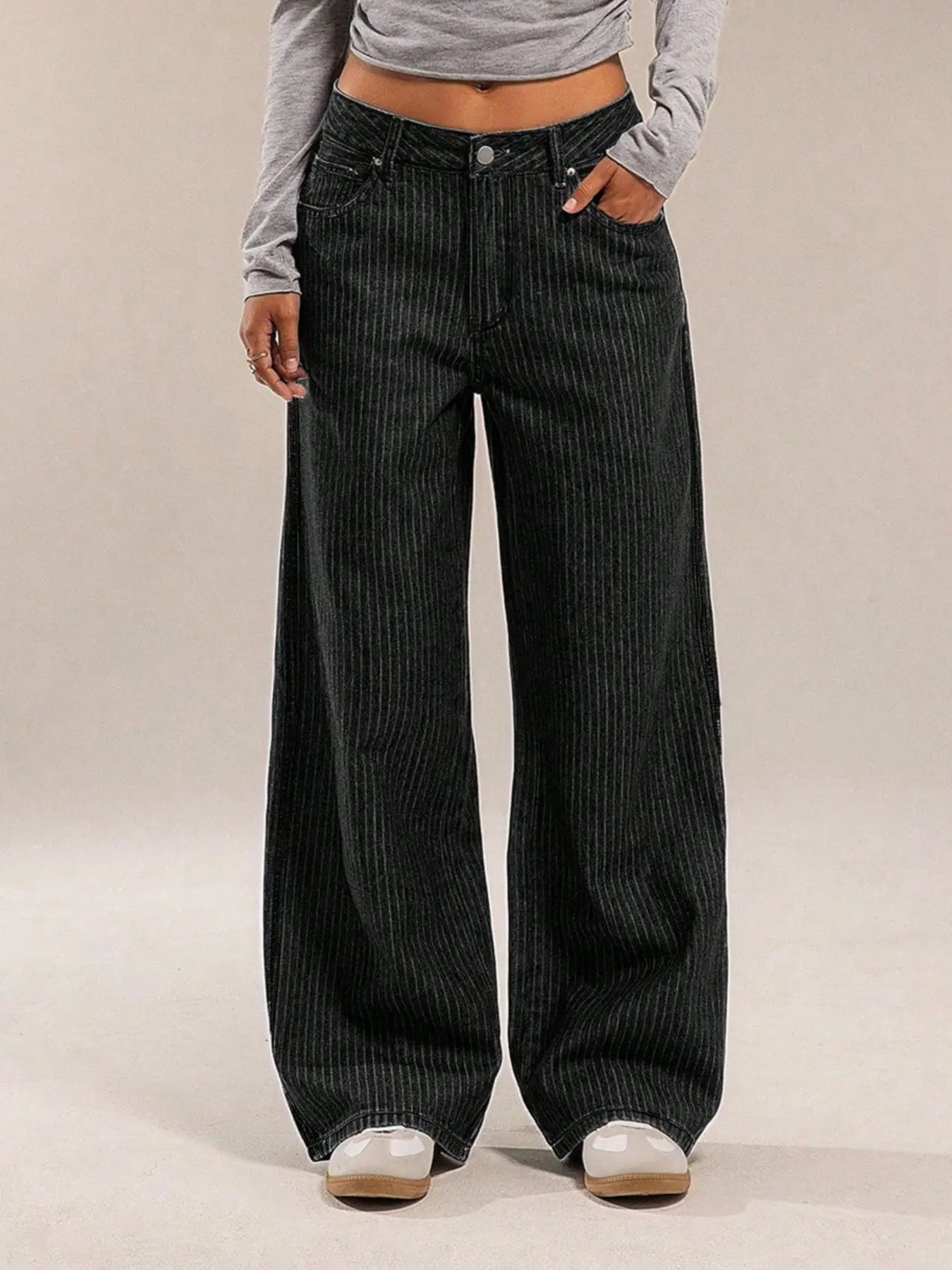 Women's Vertical Stripe High Waist Wide Leg Jeans, Vintage Washed Loose Straight Pants with Pockets, Urban Daily Wear, Street Fashion